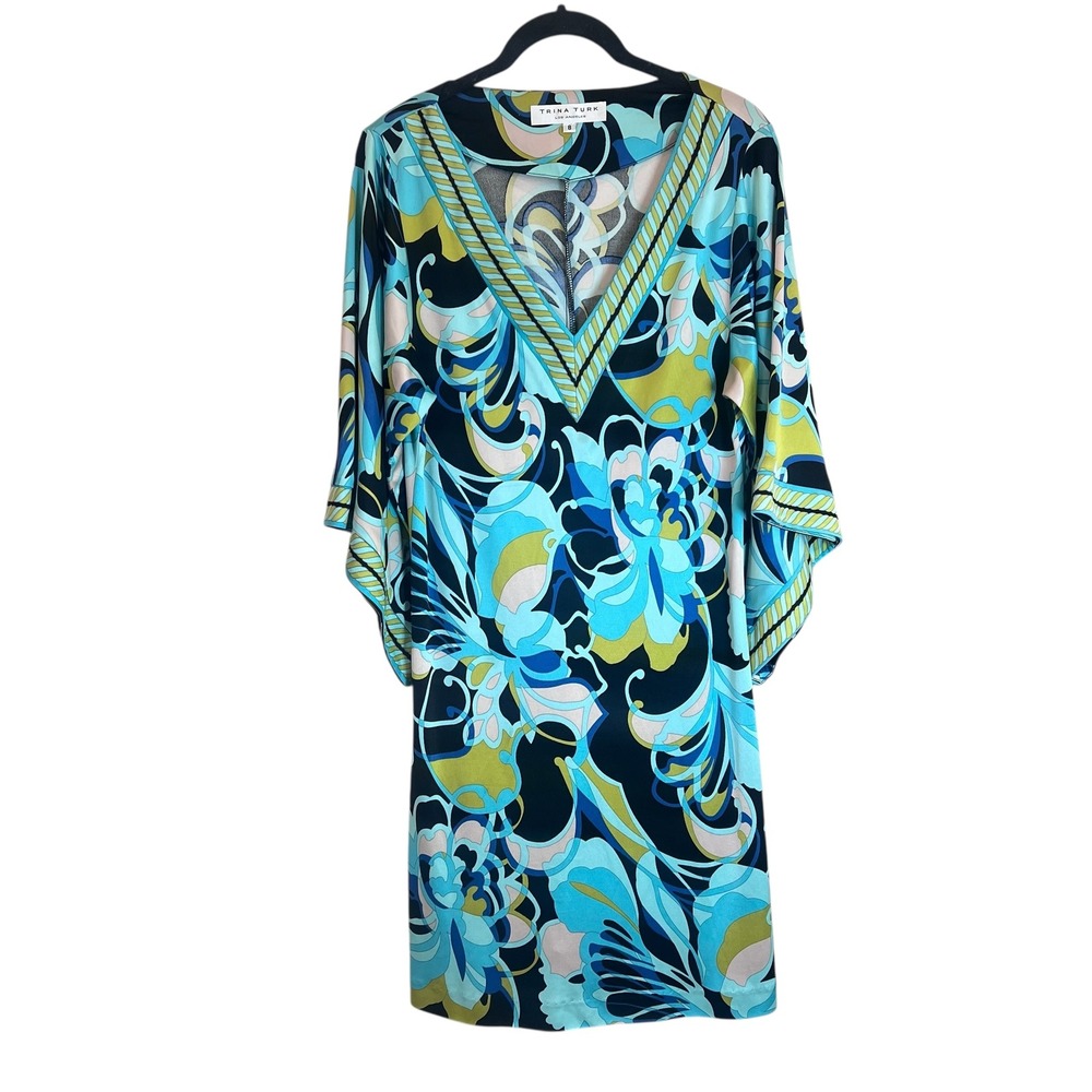 Trina‎ Turk Silk Floral Psychedelic V-Neck Kimono Sleeve Shift Dress Blue Size 8